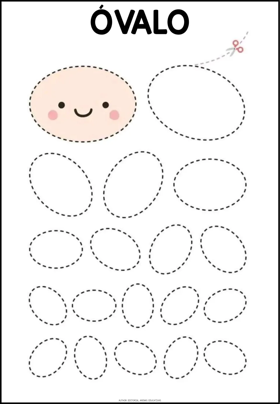 Spanish shape-tracing worksheet titled 'ÓVALO' (oval), featuring ovals in different sizes and rotations