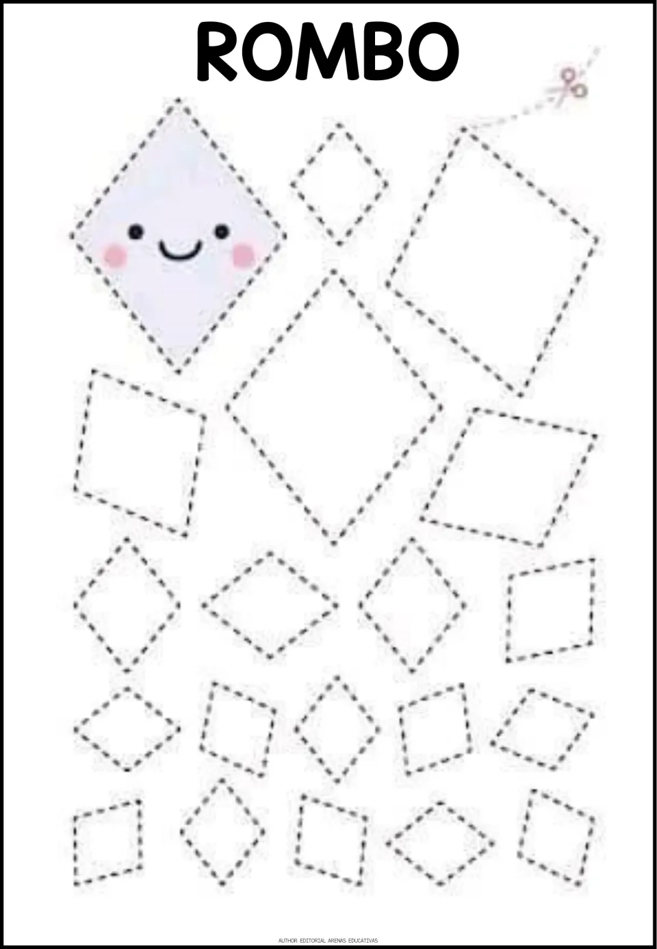 Spanish shape-tracing worksheet titled 'ROMBO' (rhombus), featuring rhombuses in varied sizes and rotations