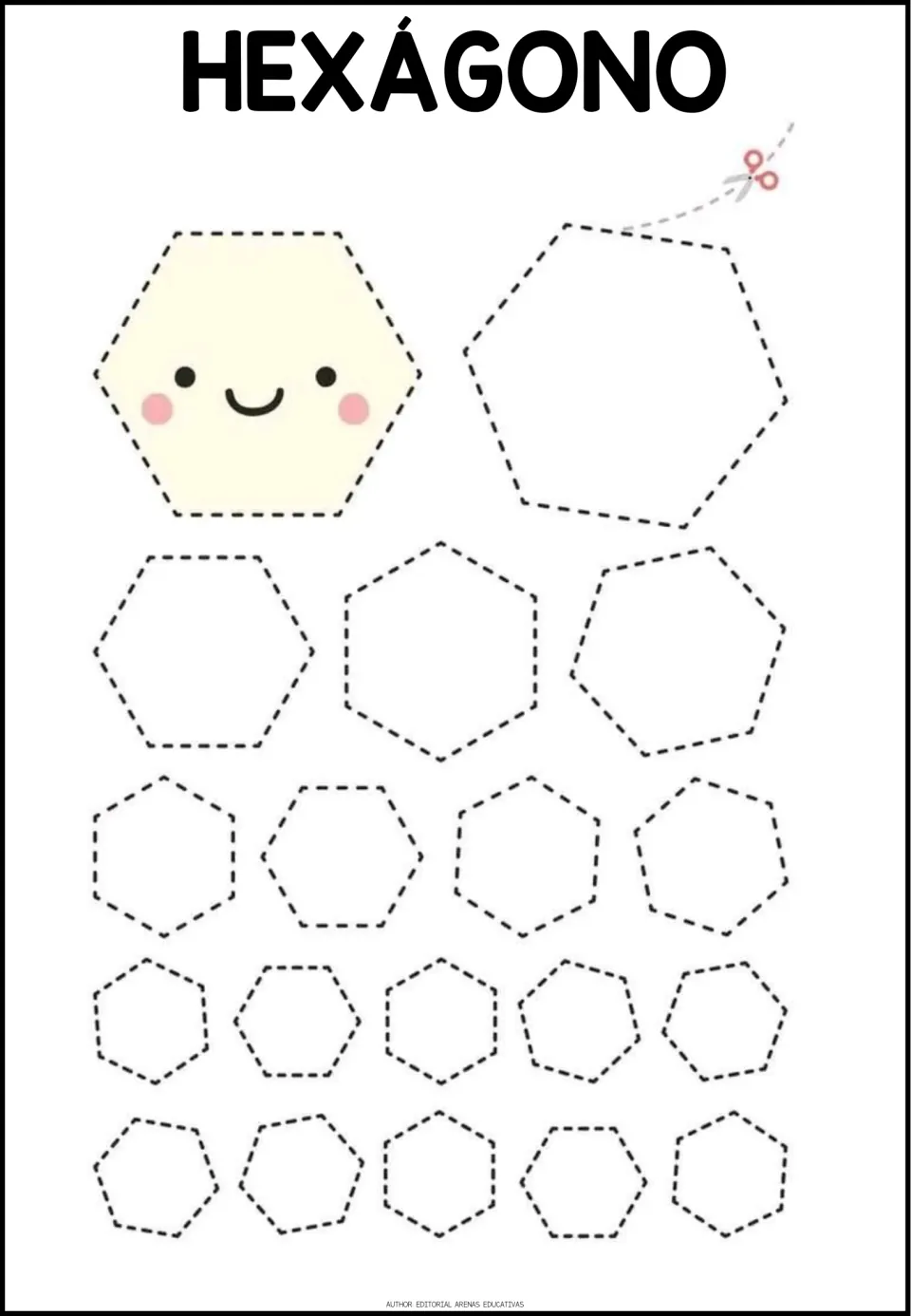 Spanish shape-tracing worksheet titled 'HEXÁGONO' (hexagon), featuring hexagons in different sizes