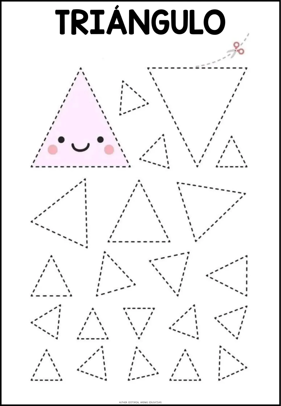Spanish shape-tracing worksheet titled 'TRIÁNGULO' (triangle), featuring triangles in different sizes