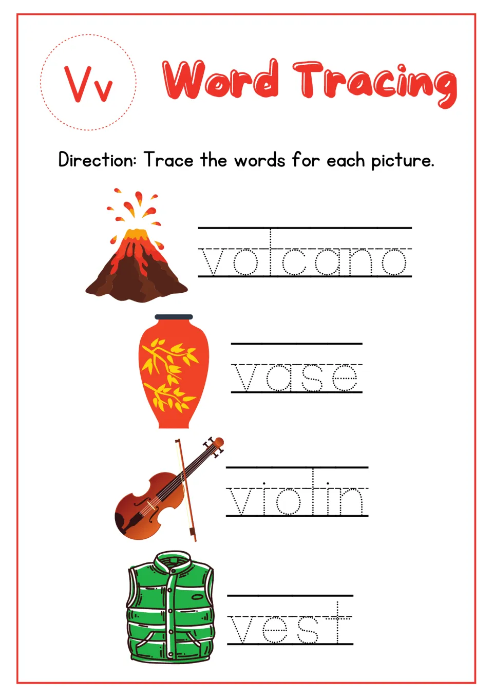 Letter Vv word tracing: students trace volcano, vase, violin and vest next to matching pictures to practise V words