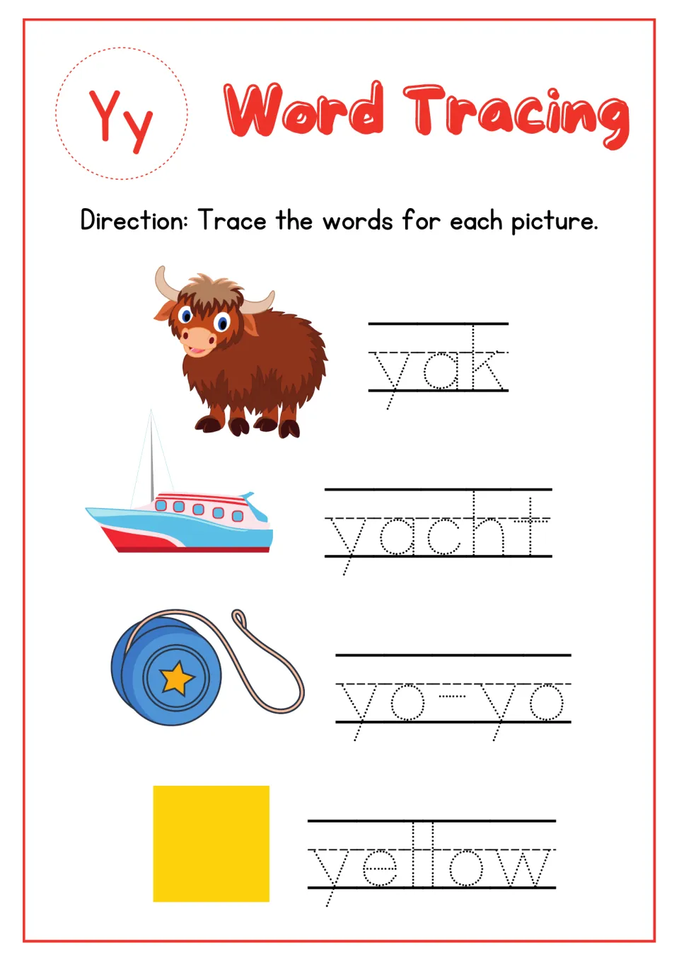 Letter Yy word tracing: students trace yak, yacht, yo-yo and yellow next to matching pictures to practise Y words