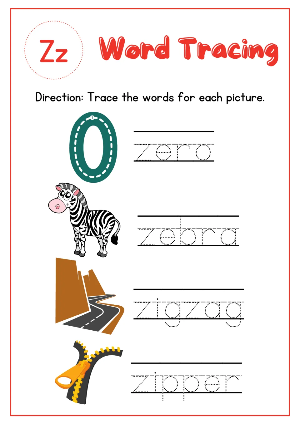 Letter Zz word tracing: students trace zero, zebra, zigzag and zipper beside a picture of each to practise Z words