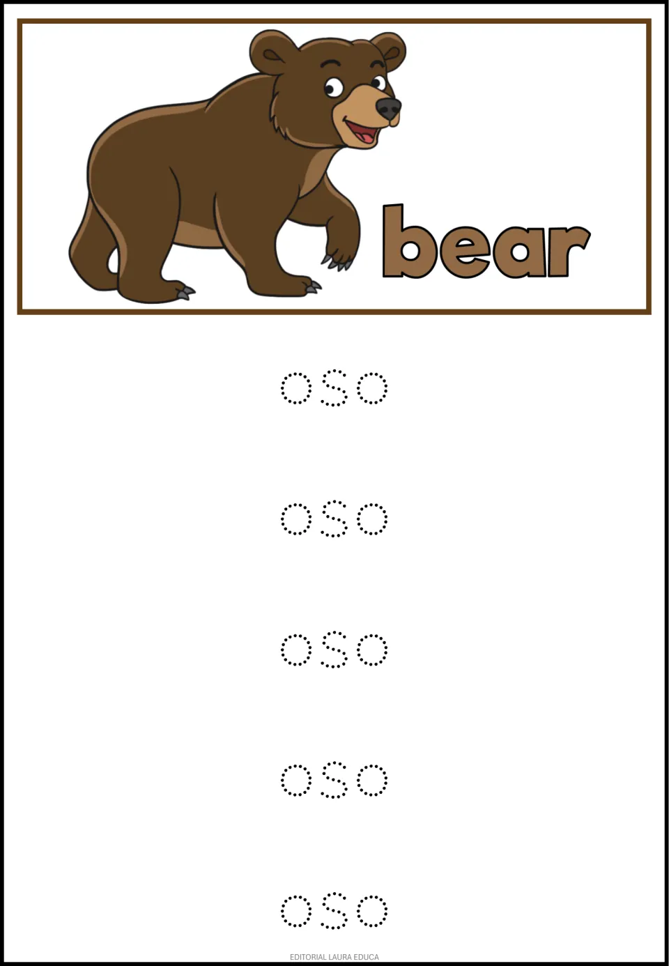 Spanish word oso for bear: students trace the dotted word oso five times under a brown bear picture labeled bear