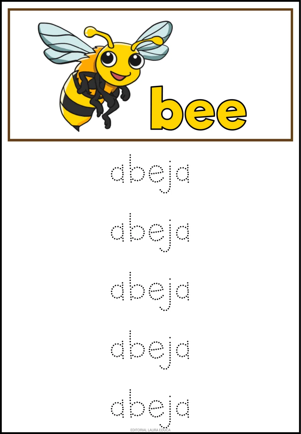 Bee in Spanish: a cartoon bee labeled bee sits above five rows of dotted letters spelling abeja for students to trace