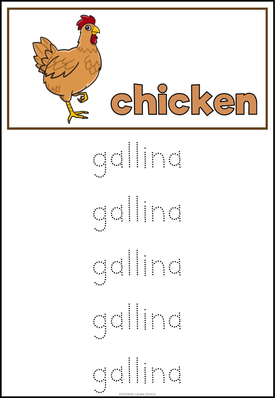 Spanish farm word gallina (chicken): students trace the dotted word gallina five times below a hen labeled chicken