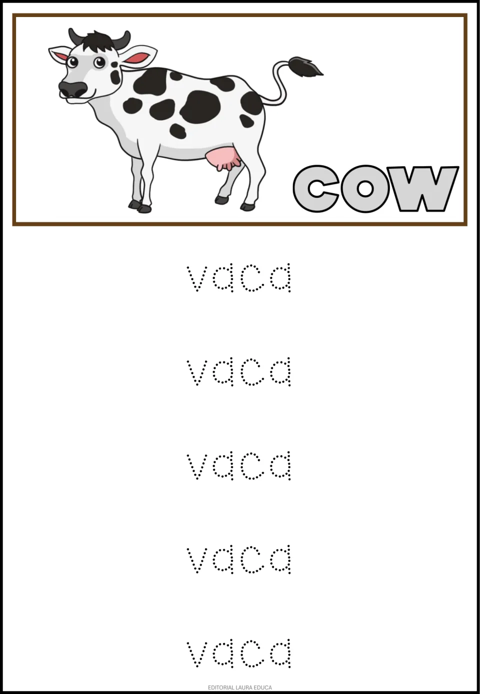 Cow in Spanish: a spotted cow labeled cow tops the page, and students trace the dotted word vaca on five rows