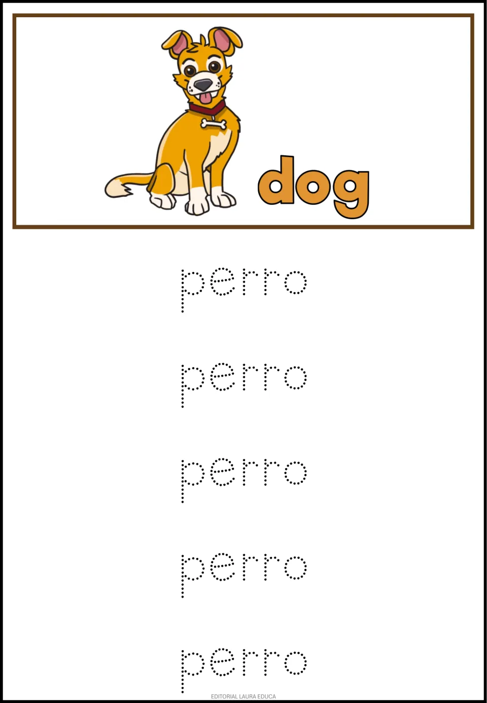 Perro, Spanish for dog: children trace five dotted copies of perro under a sitting puppy with a bone tag labeled dog