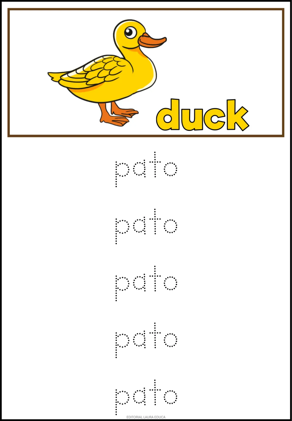 Spanish word pato for duck: students trace pato in dotted letters five times beneath a yellow duck labeled duck