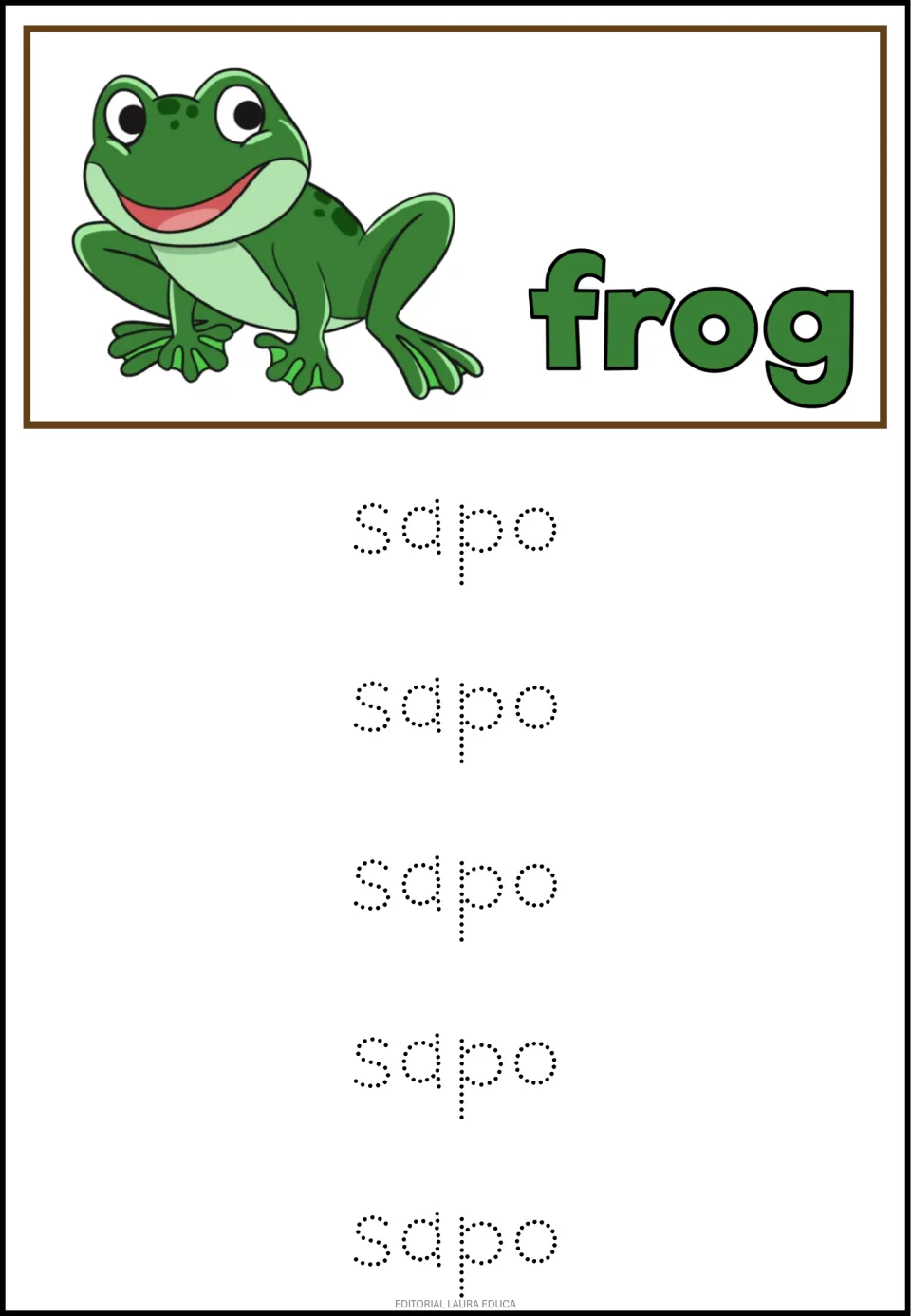 Frog in Spanish: under a green frog labeled frog, students trace the dotted word sapo on each of five rows