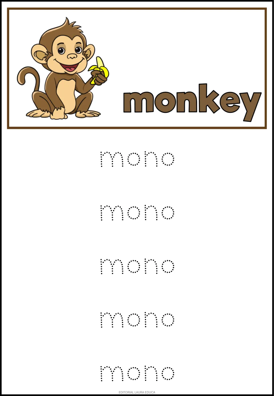 Mono, the Spanish word for monkey: students trace mono five times in dotted print below a monkey holding a banana