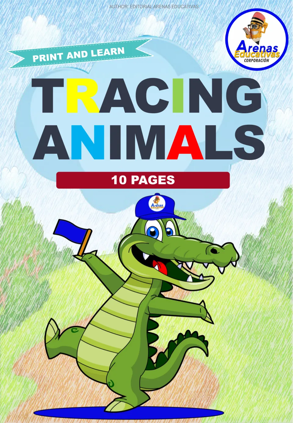 Cover of the Spanish animal-word tracing resource, labeled 'Tracing Animals,' 'Print and Learn,' and '10 Pages'