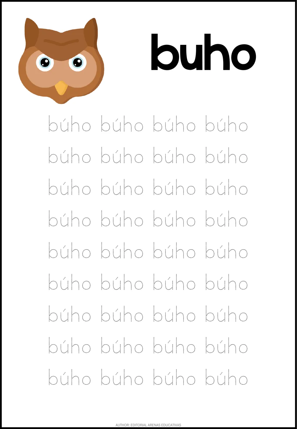 Spanish animal-word tracing sheet for búho (owl), featuring an owl picture and 36 dotted word repetitions