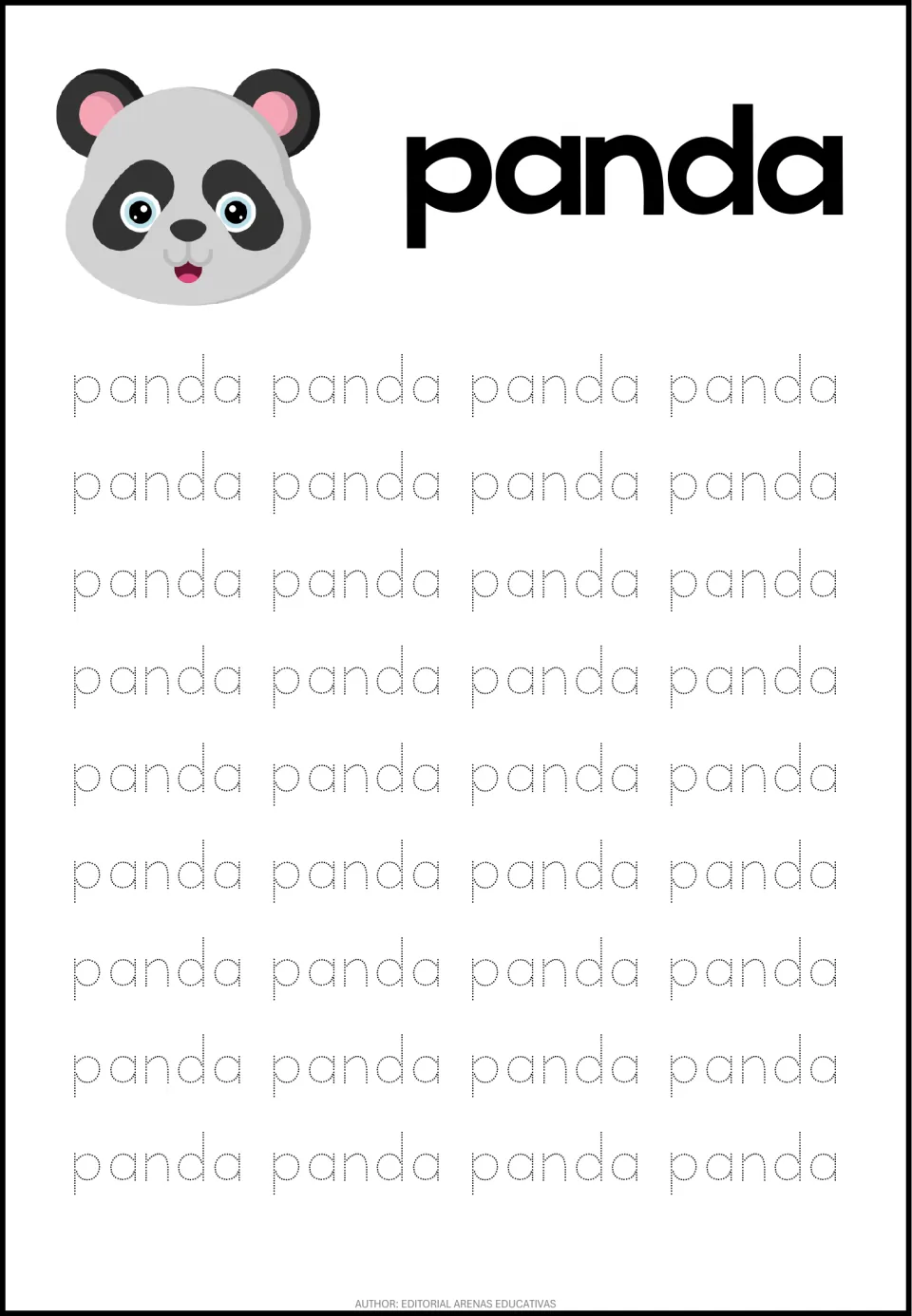 Spanish animal-word tracing sheet for panda (panda), featuring a panda picture and 36 dotted repetitions