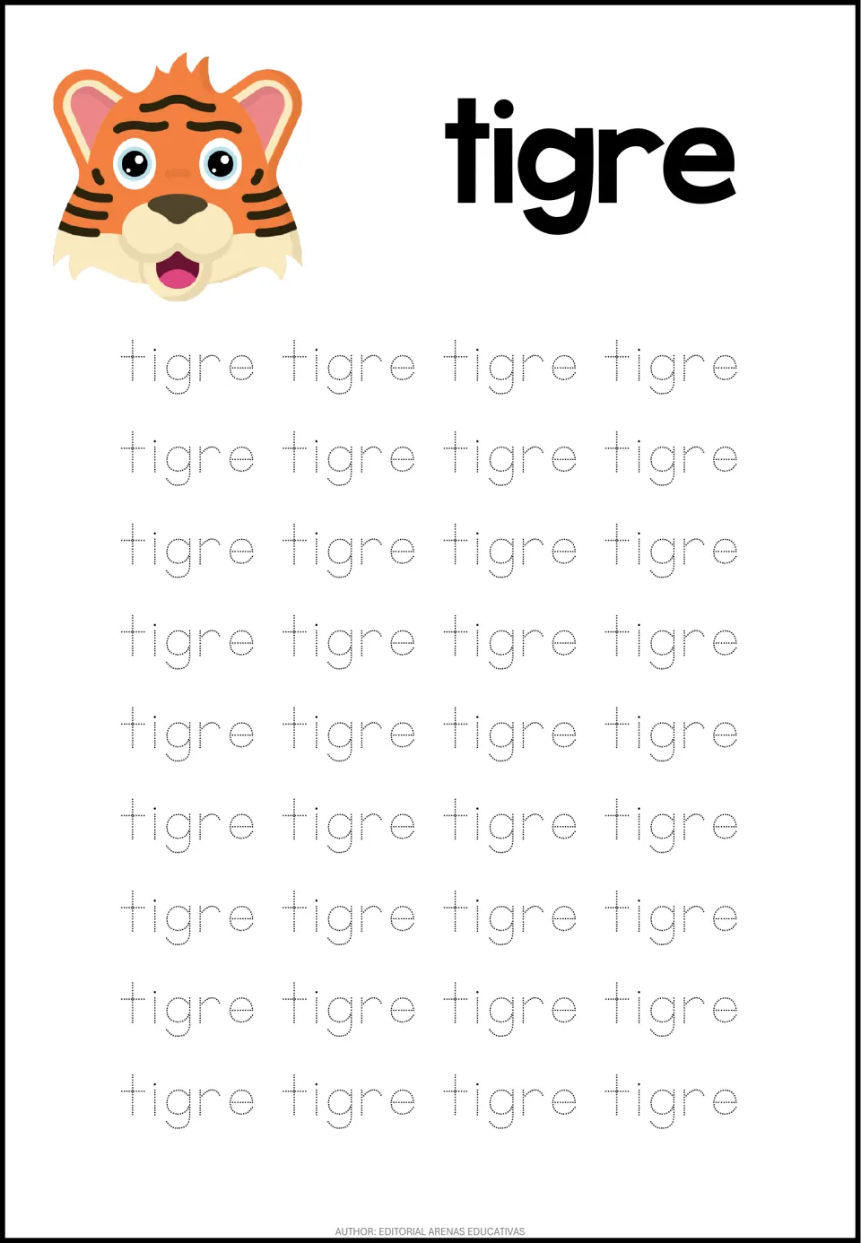 Spanish animal-word tracing sheet for tigre (tiger), featuring a tiger picture and 36 dotted repetitions