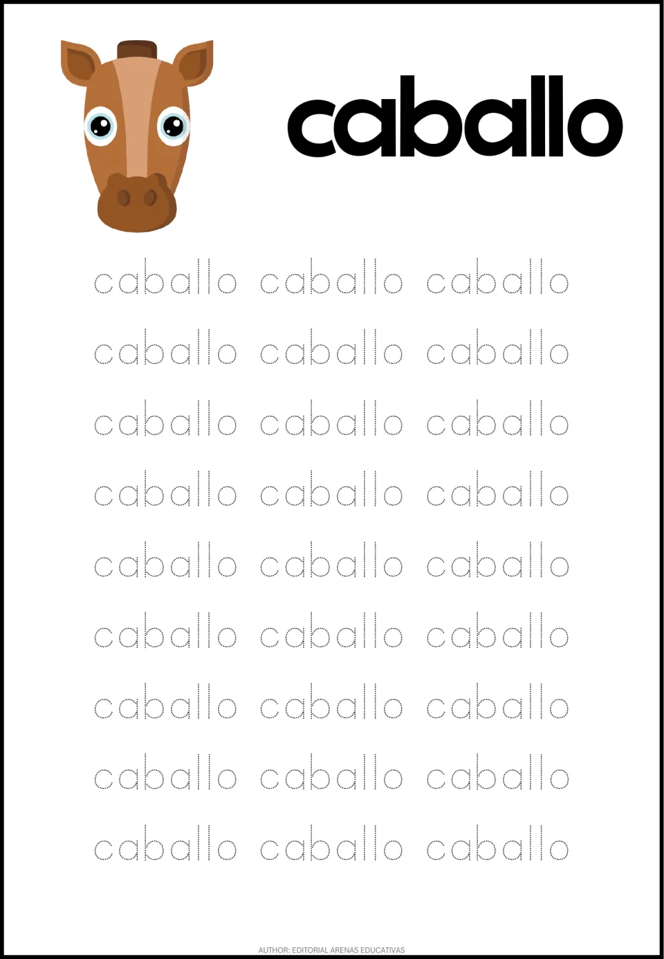 Spanish animal-word tracing sheet for caballo (horse), featuring a horse picture and 27 dotted repetitions