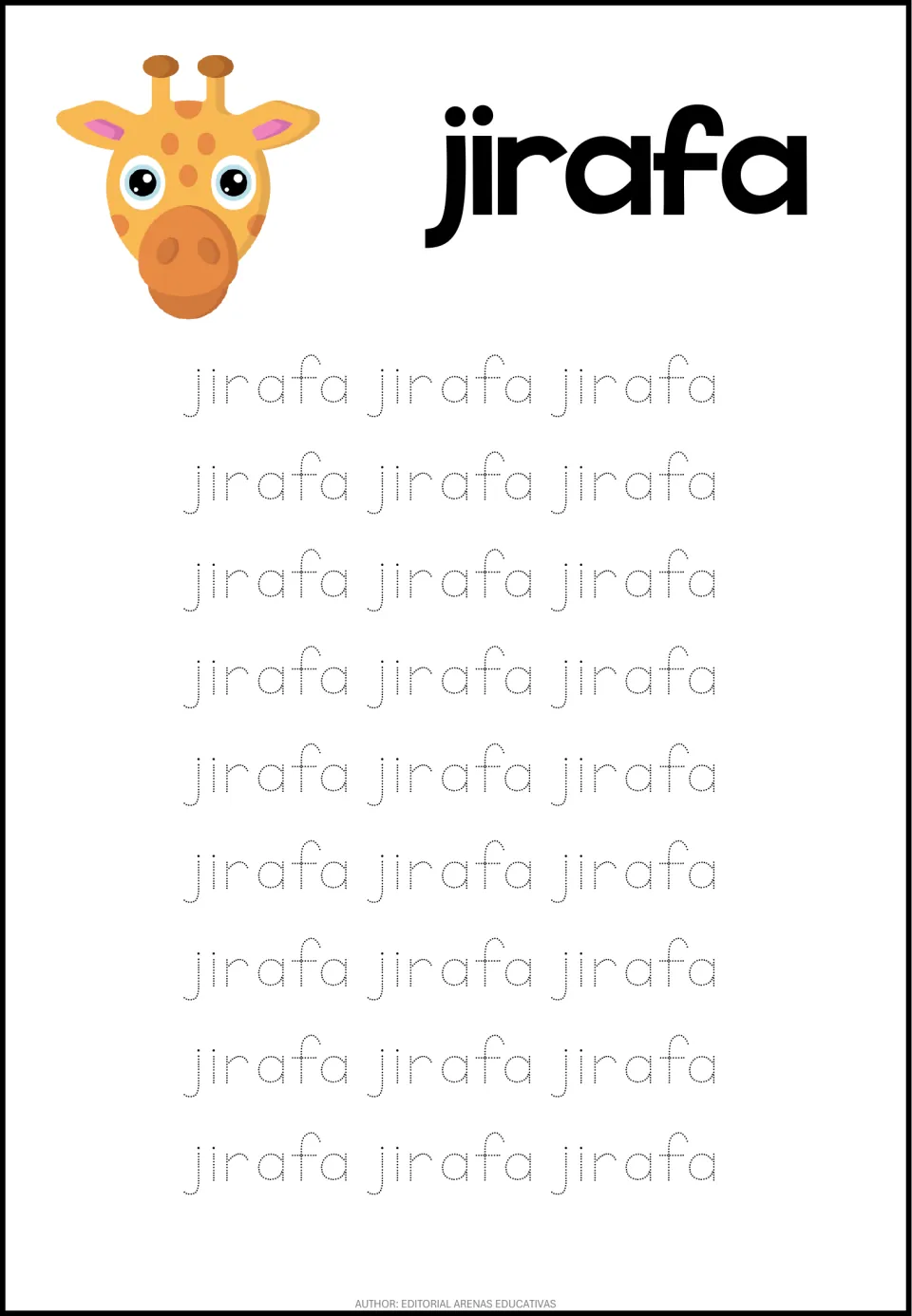 Spanish animal-word tracing sheet for jirafa (giraffe), featuring a giraffe picture and 27 dotted repetitions
