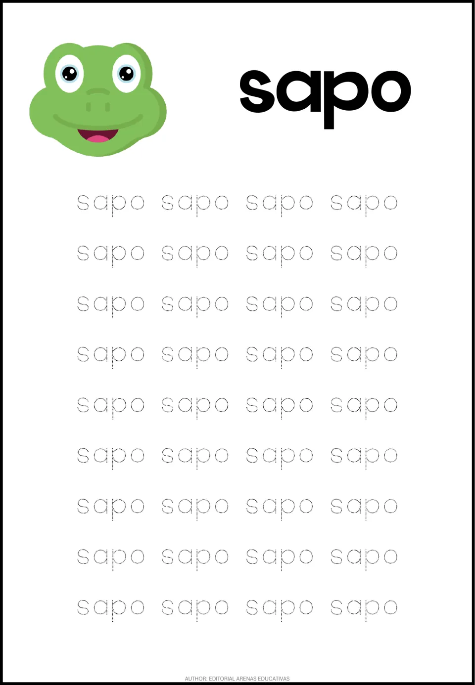 Spanish animal-word tracing sheet for sapo (toad), featuring a toad picture and 36 dotted word repetitions