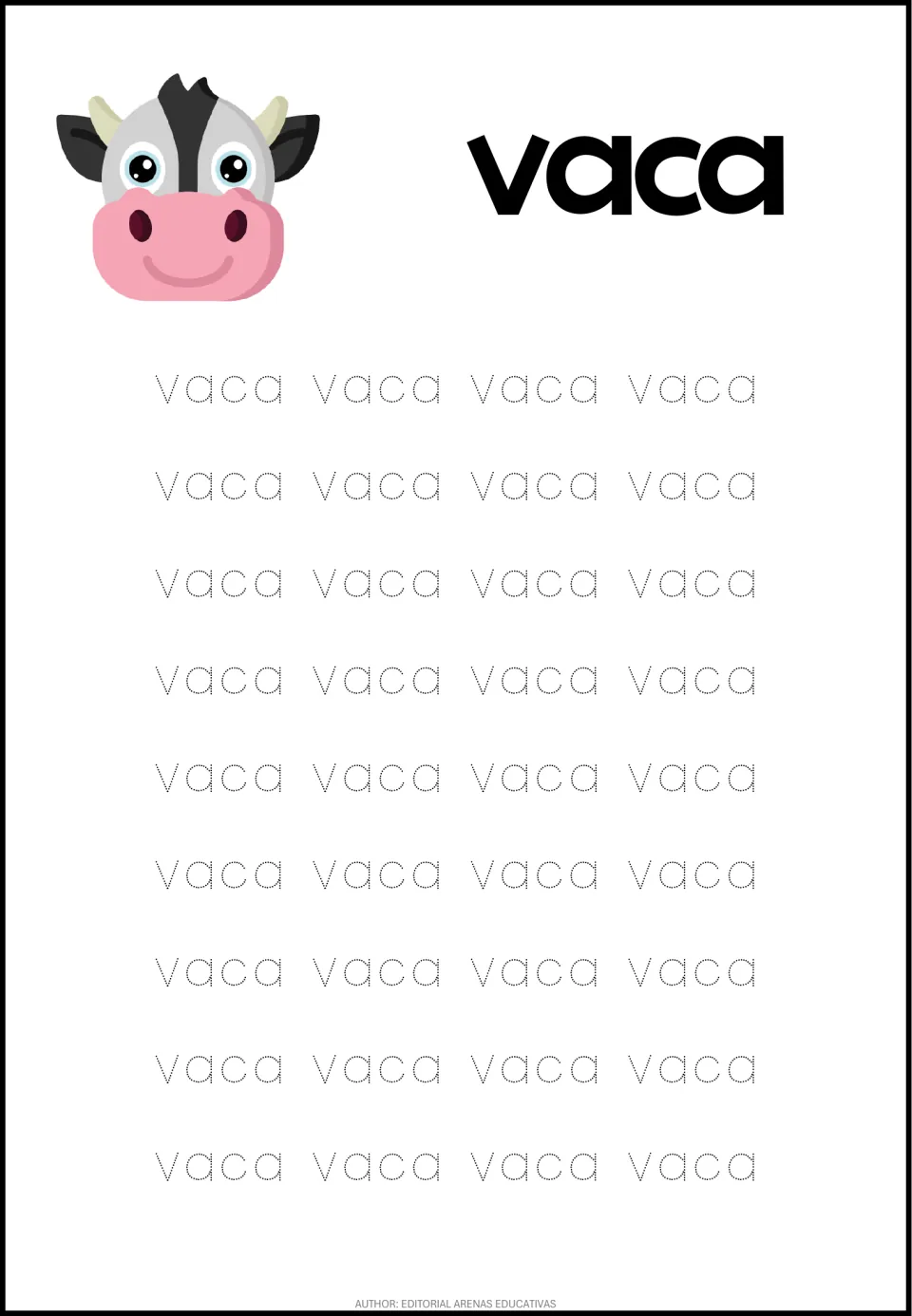 Spanish animal-word tracing sheet for vaca (cow), featuring a cow picture and 36 dotted word repetitions