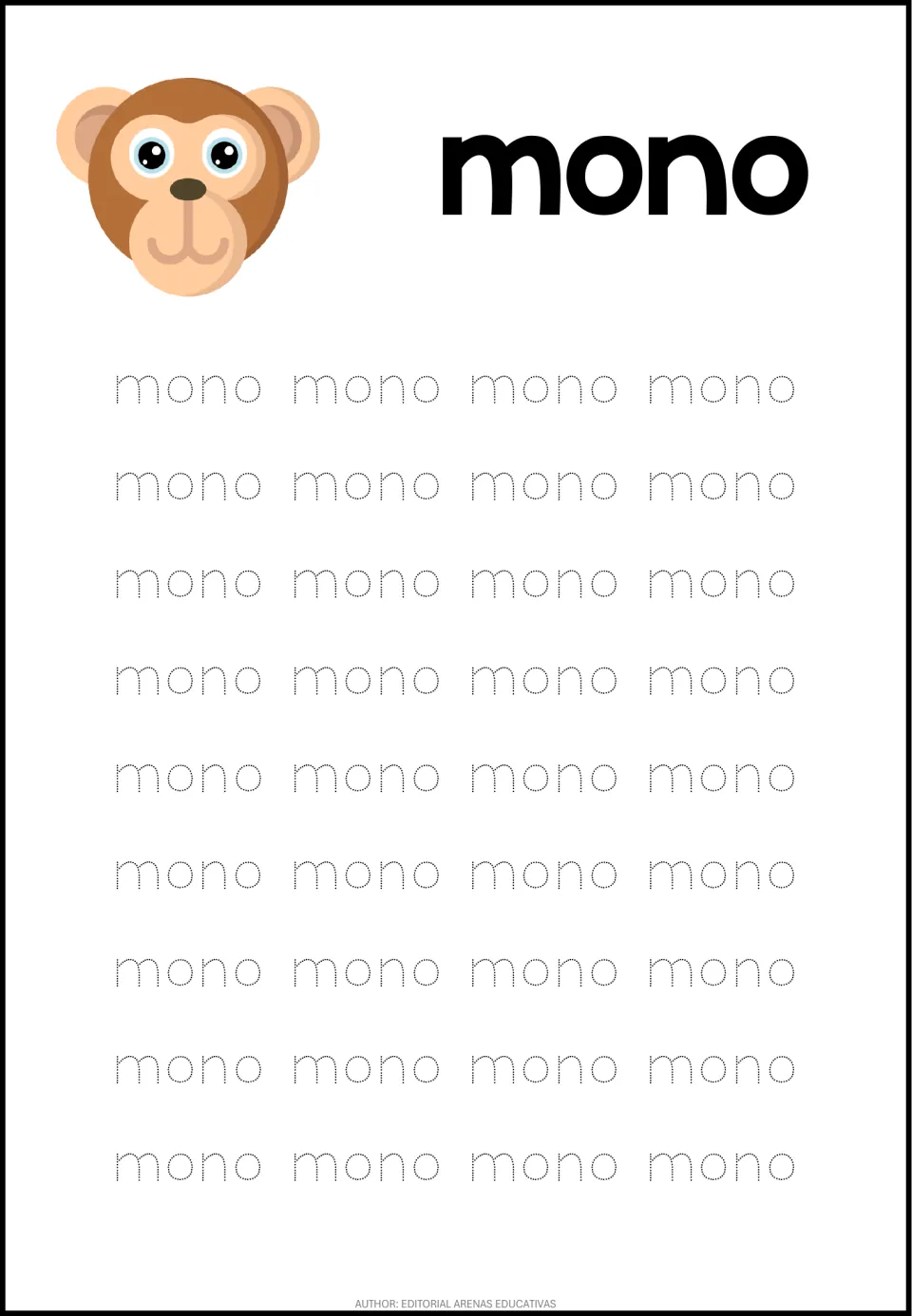 Spanish animal-word tracing sheet for mono (monkey), featuring a monkey picture and 36 dotted repetitions