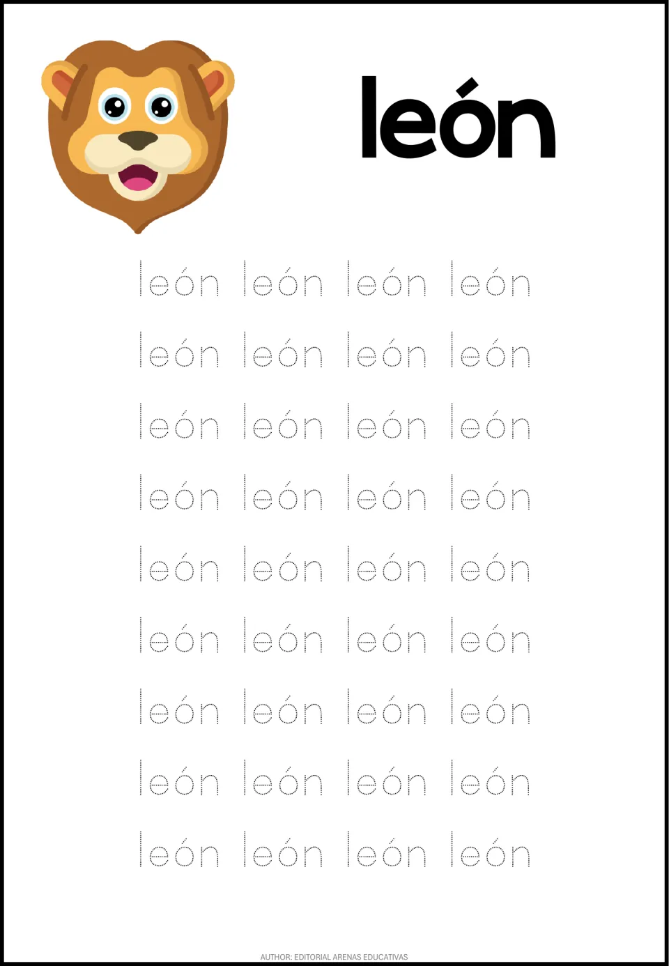 Spanish animal-word tracing sheet for león (lion), featuring a lion picture and 36 dotted word repetitions