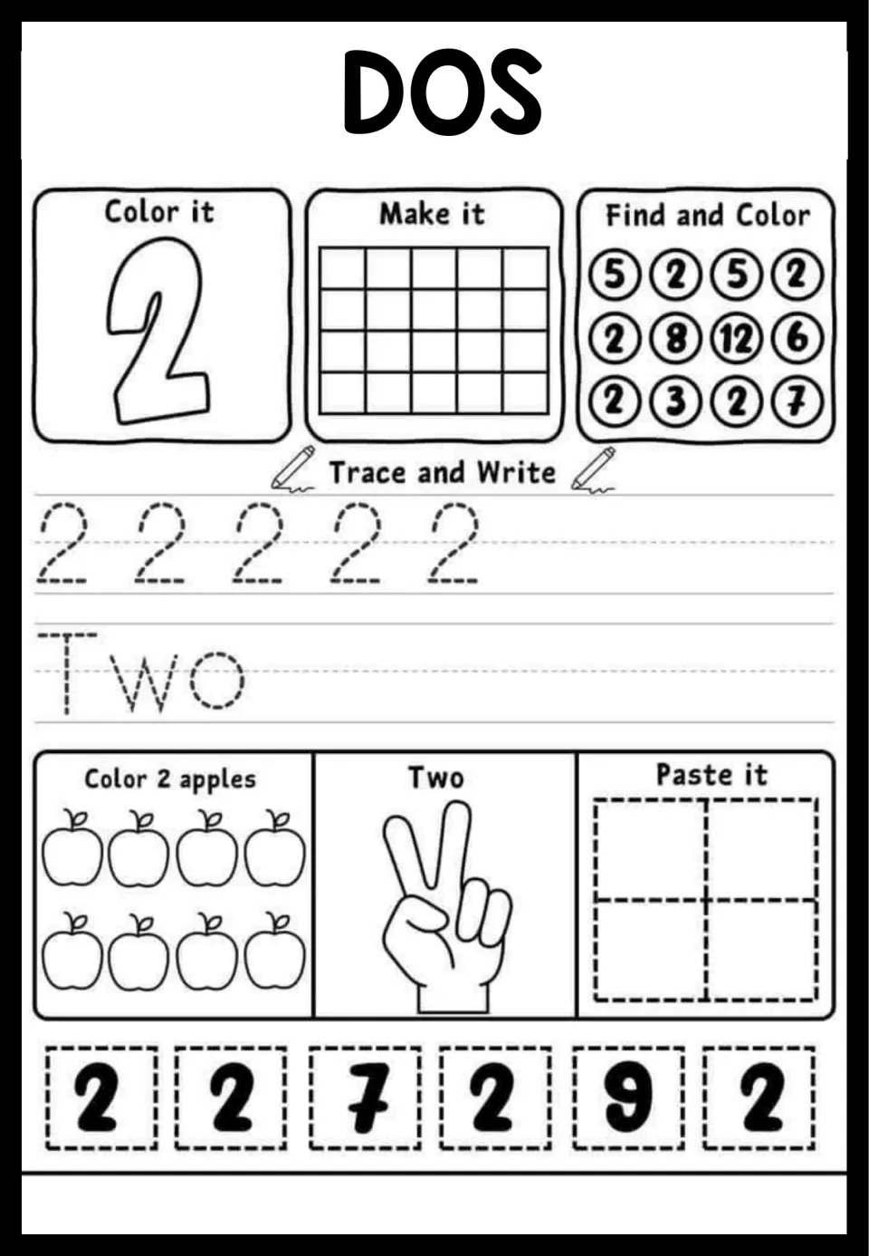 DOS number 2 practice: students color, trace the numeral and word Two, color 2 apples and find the 2s in circles