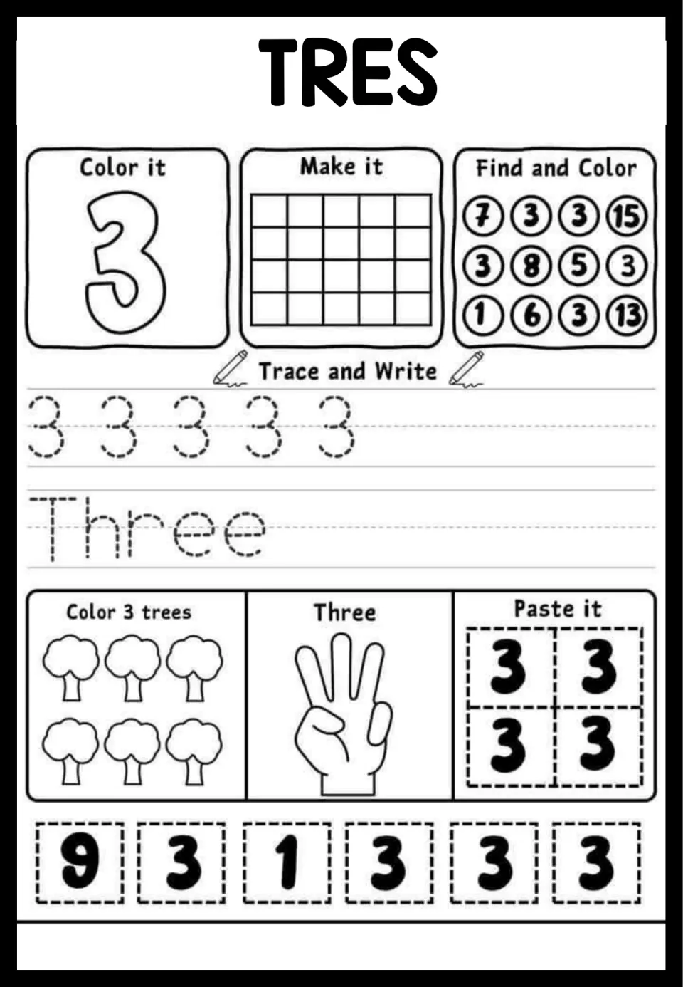 TRES number 3 practice: students color, trace the numeral and word Three, color 3 trees and find the 3s in circles