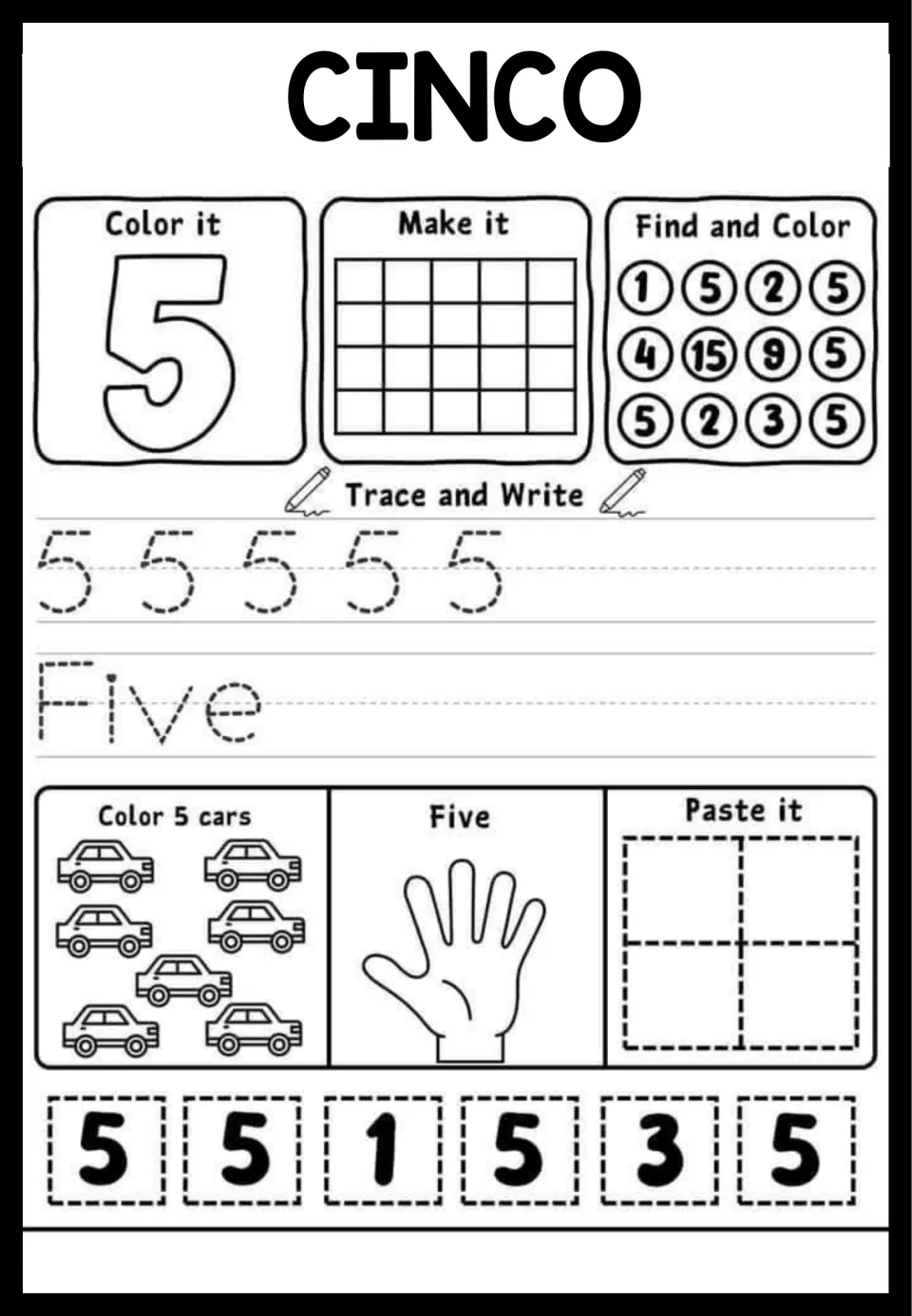 CINCO number 5 practice: students color, trace the numeral and word Five, color 5 cars and find the 5s in circles