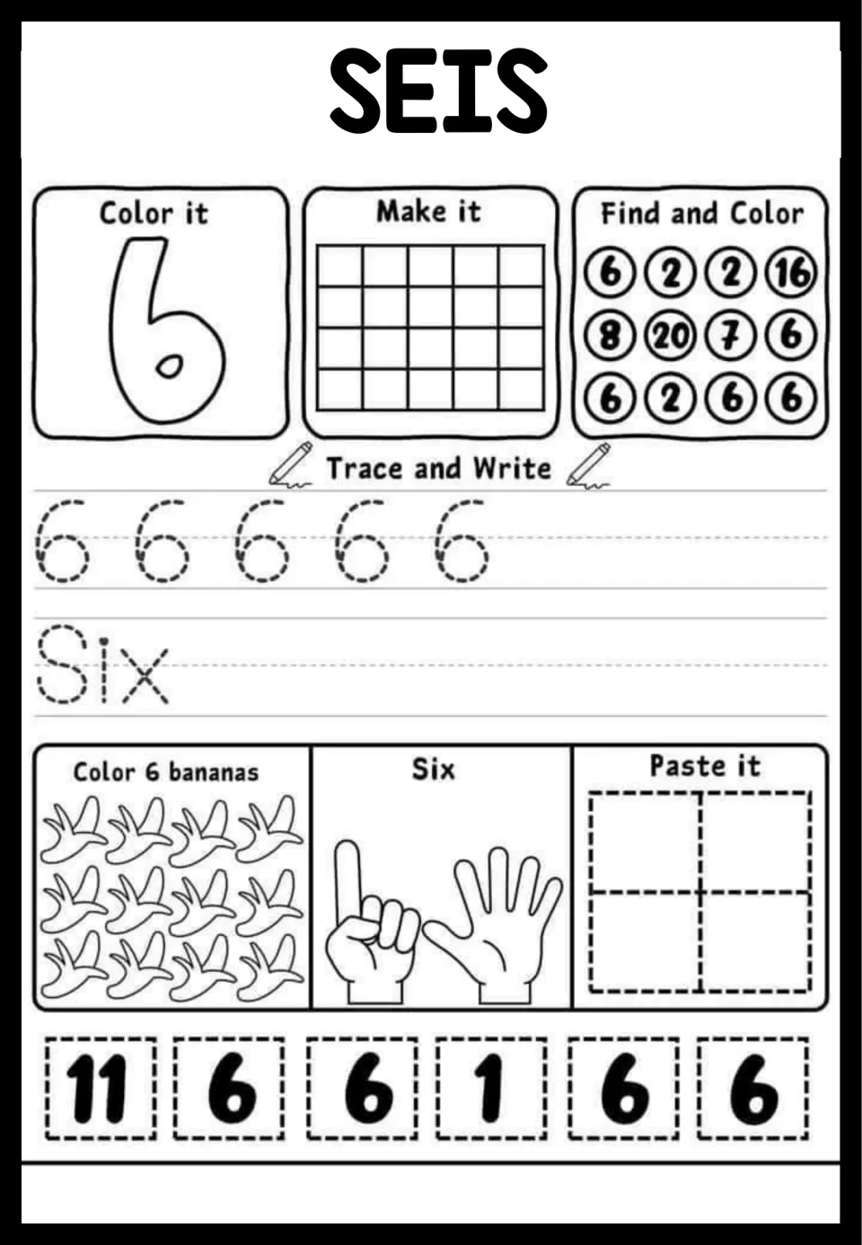 SEIS number 6 practice: students color, trace the numeral and word Six, color 6 bananas and find the 6s in circles