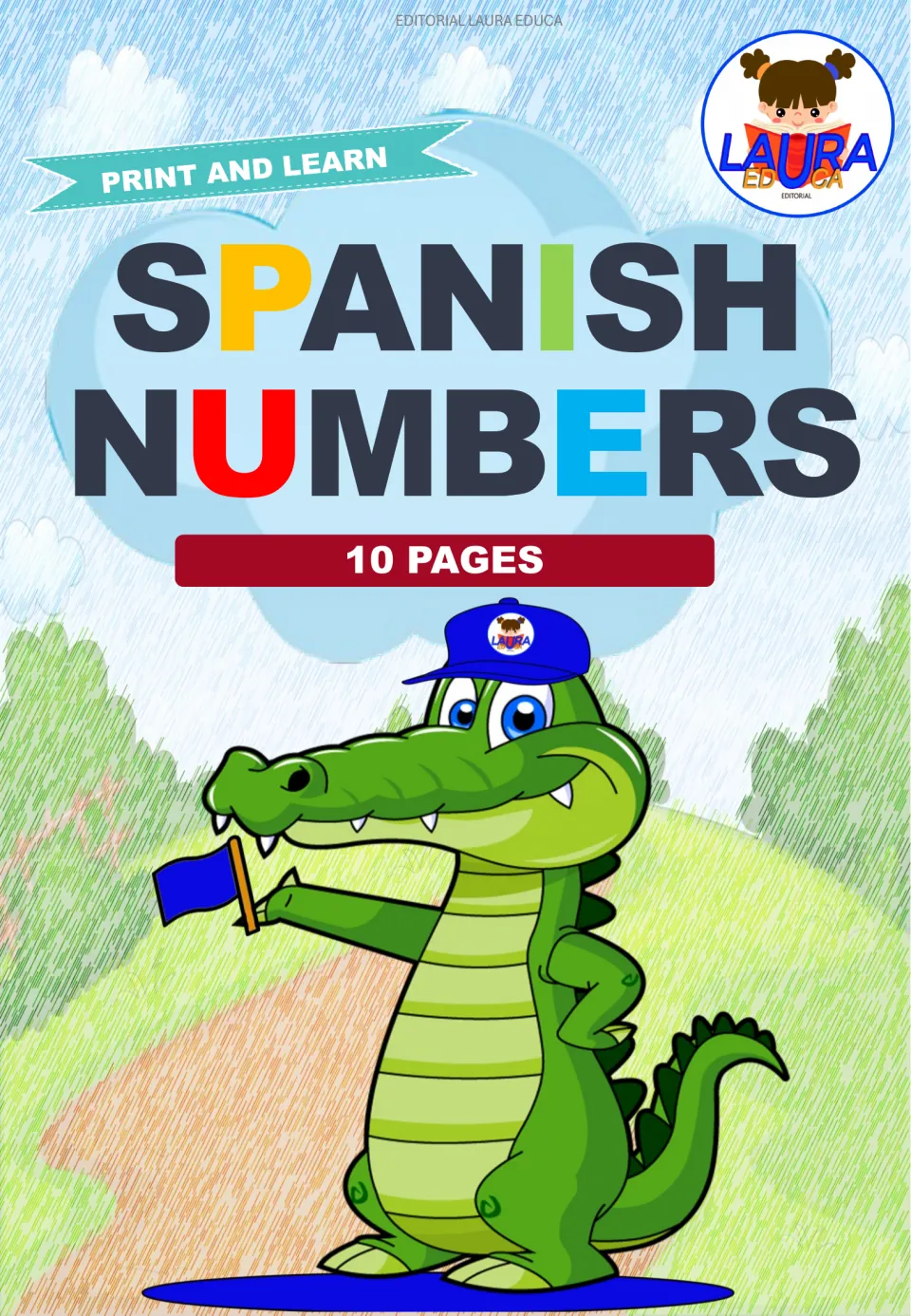 Cover of Spanish Numbers, labeled 'Print and Learn' and '10 Pages,' introducing the number activity set