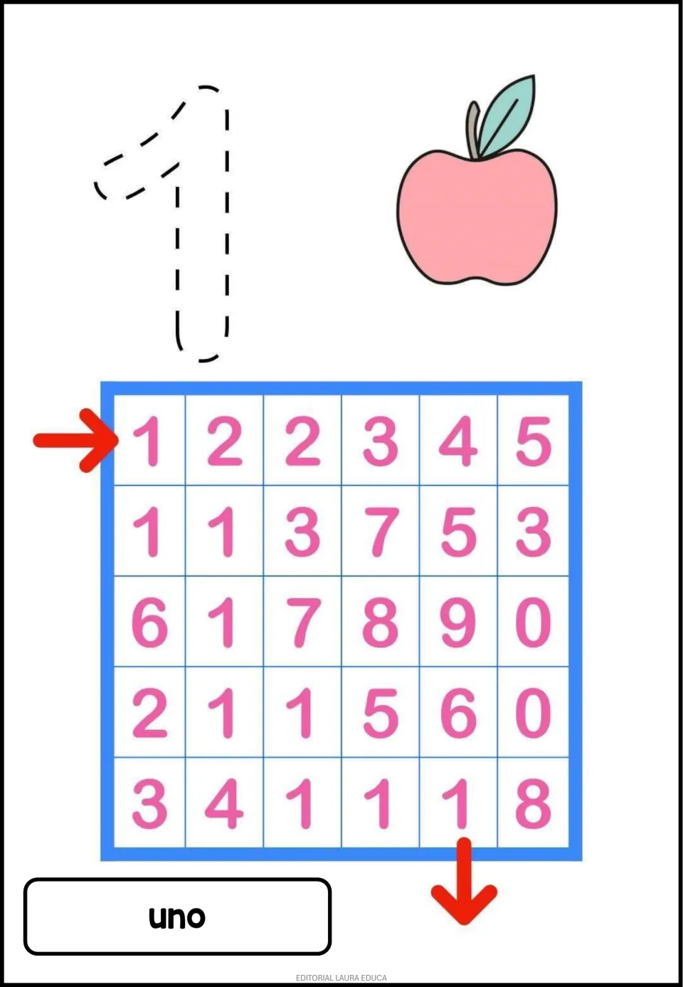 Number 1 activity: trace the numeral, count one apple, and follow the 1s through a maze; uno means one