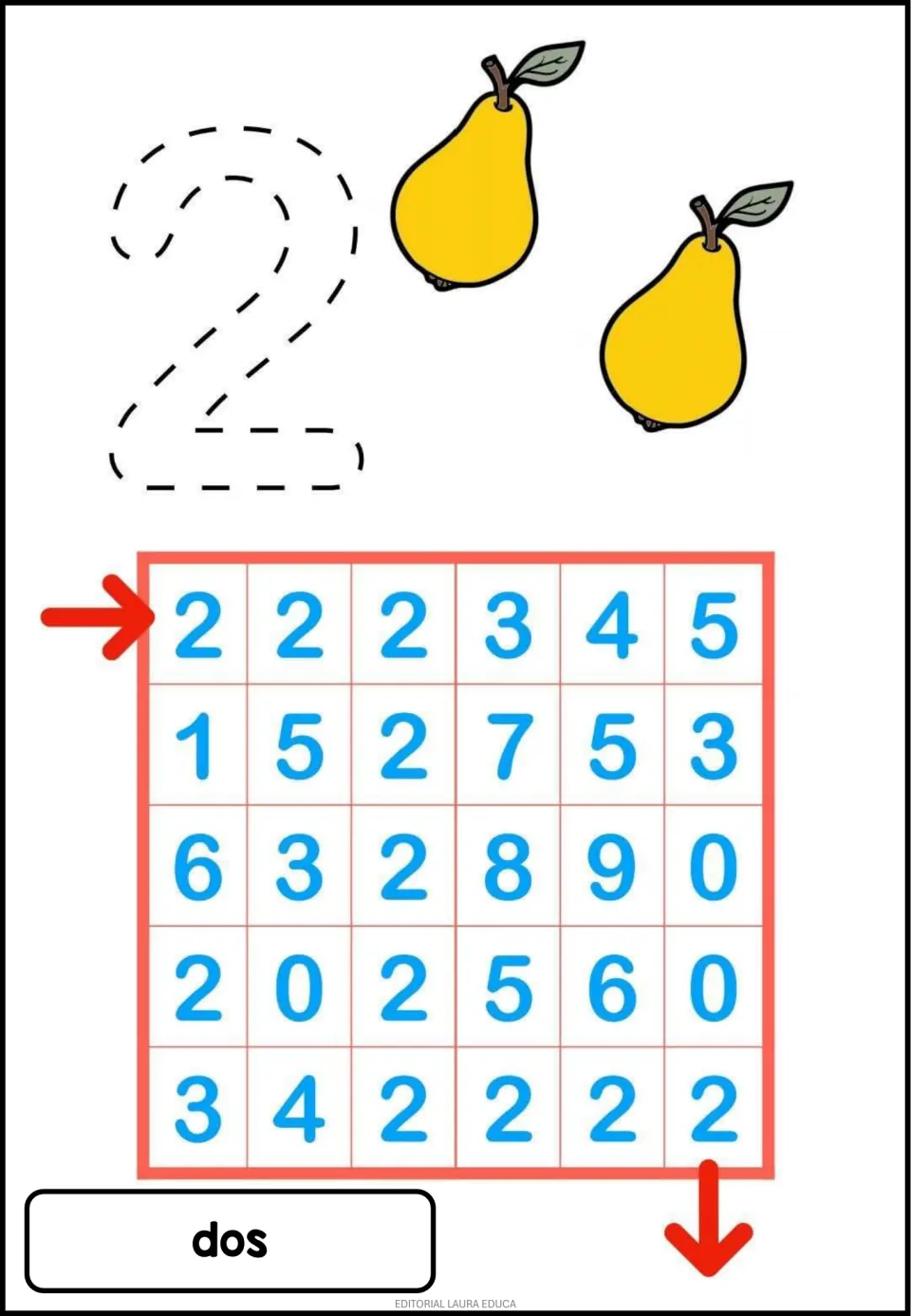 Number 2 activity: trace the numeral, count two pears, and follow the 2s through a maze; dos means two