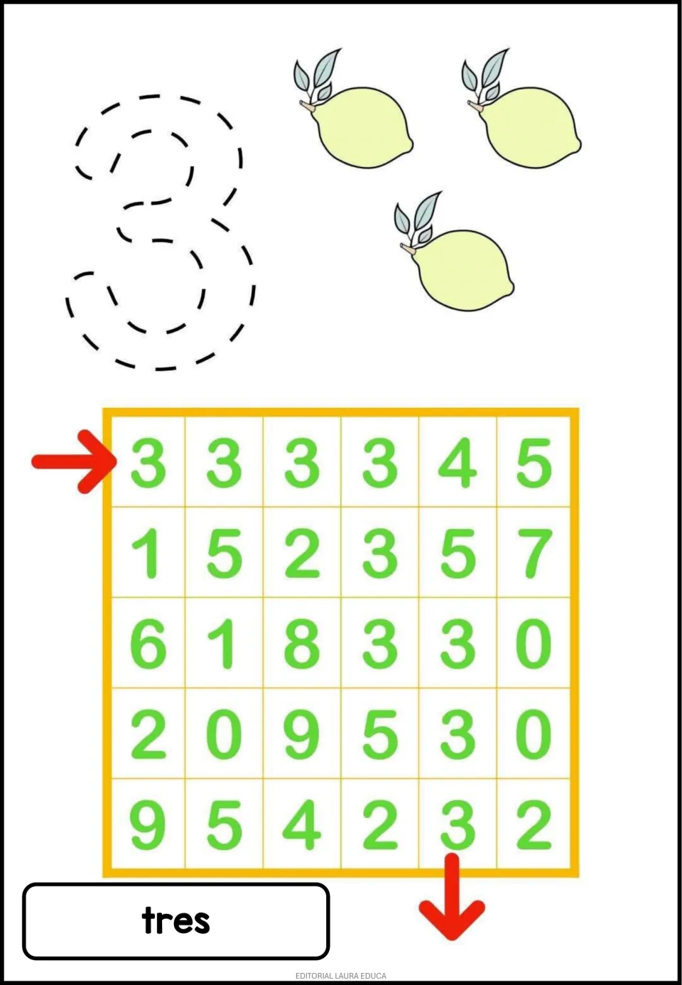 Number 3 activity: trace the numeral, count three lemons, and follow the 3s through a maze; tres means three