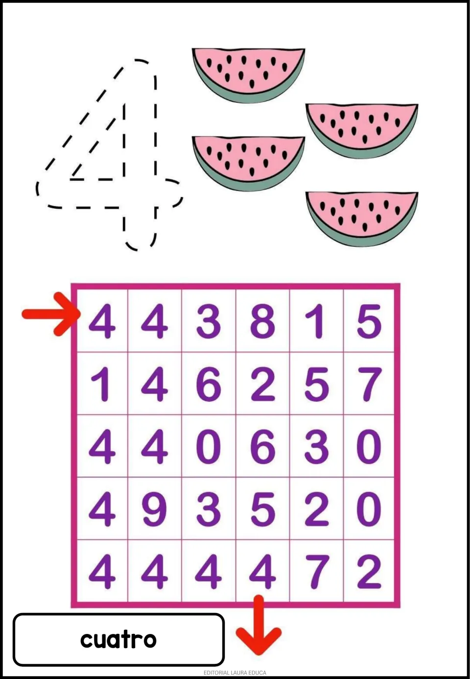 Number 4 activity: trace 4, count four watermelon slices, and follow the 4s through a maze; cuatro means four