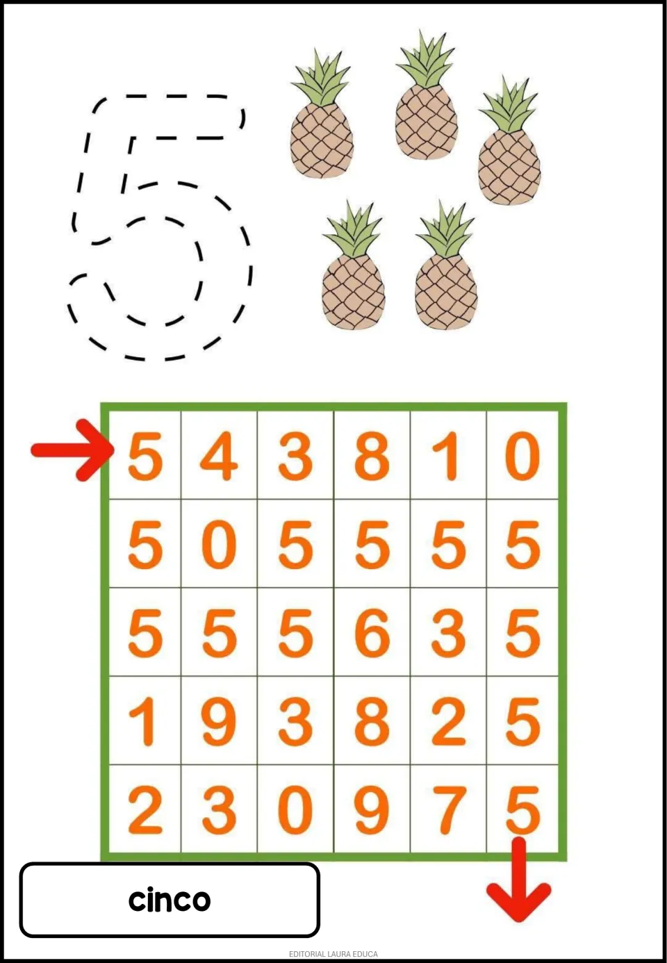 Number 5 activity: trace 5, count five pineapples, and follow the 5s through a maze; cinco means five