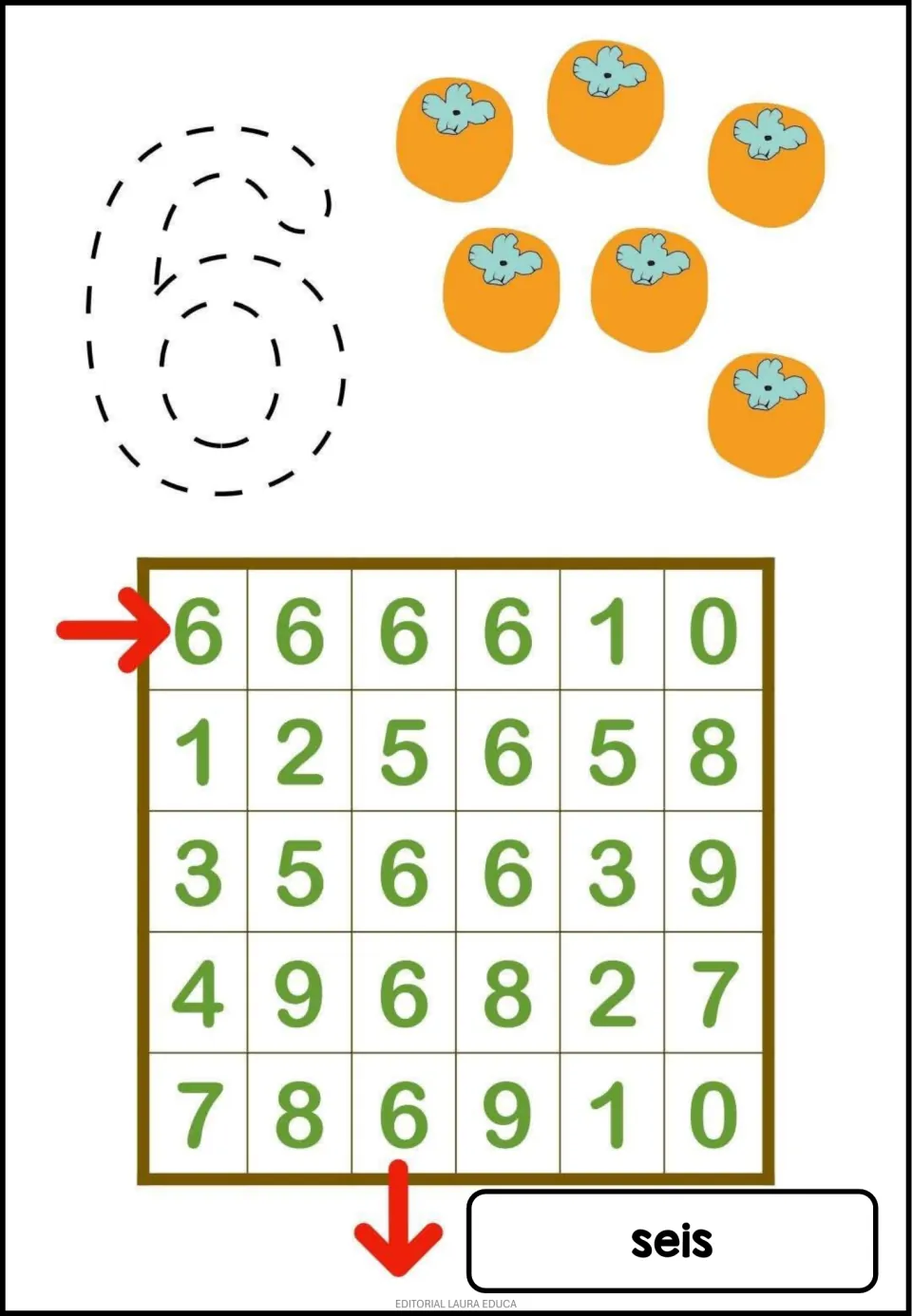 Number 6 activity: trace the numeral, count six fruits, and follow the 6s through a maze; seis means six