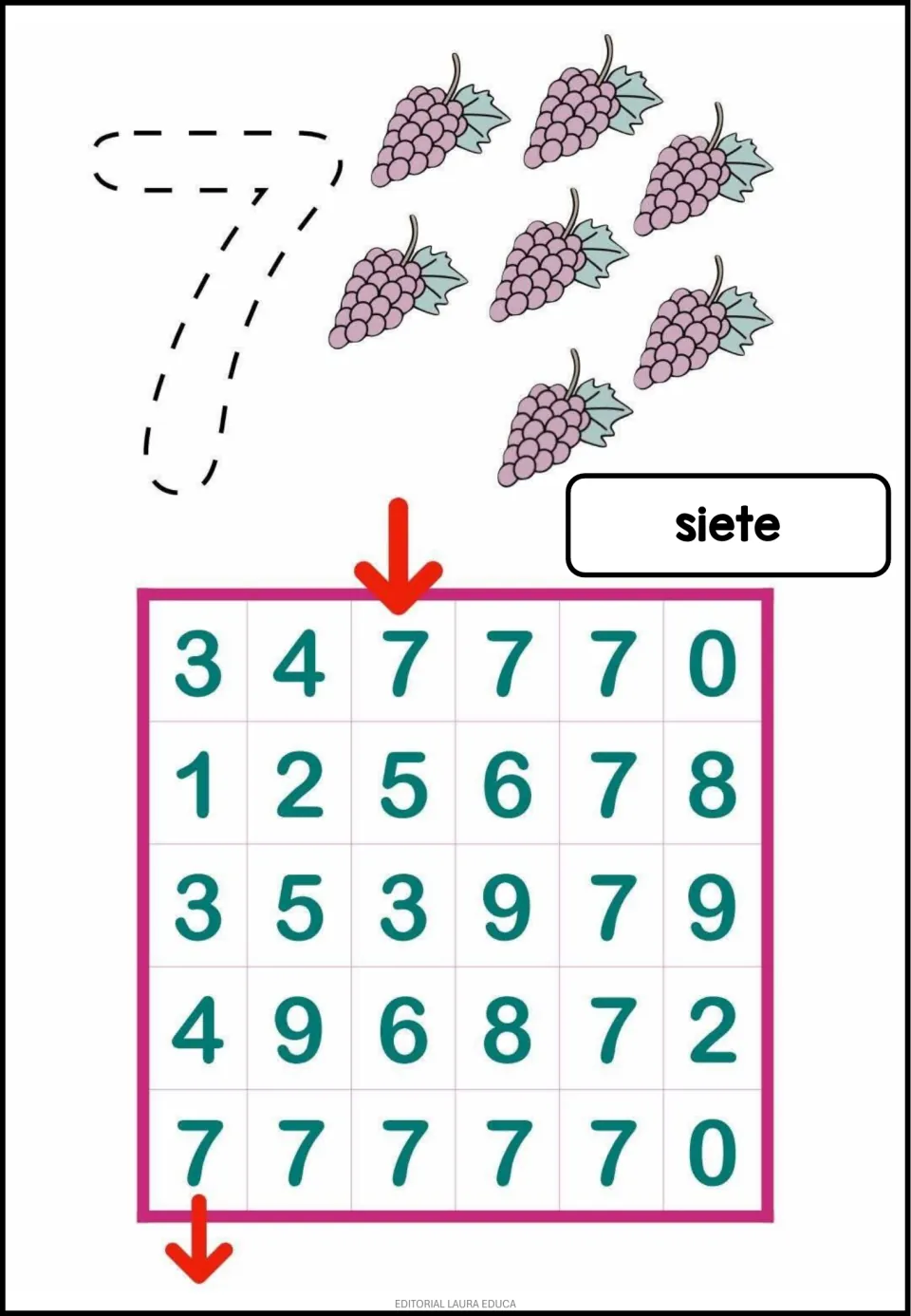 Number 7 activity: trace 7, count seven bunches of grapes, and follow the 7s through a maze; siete means seven