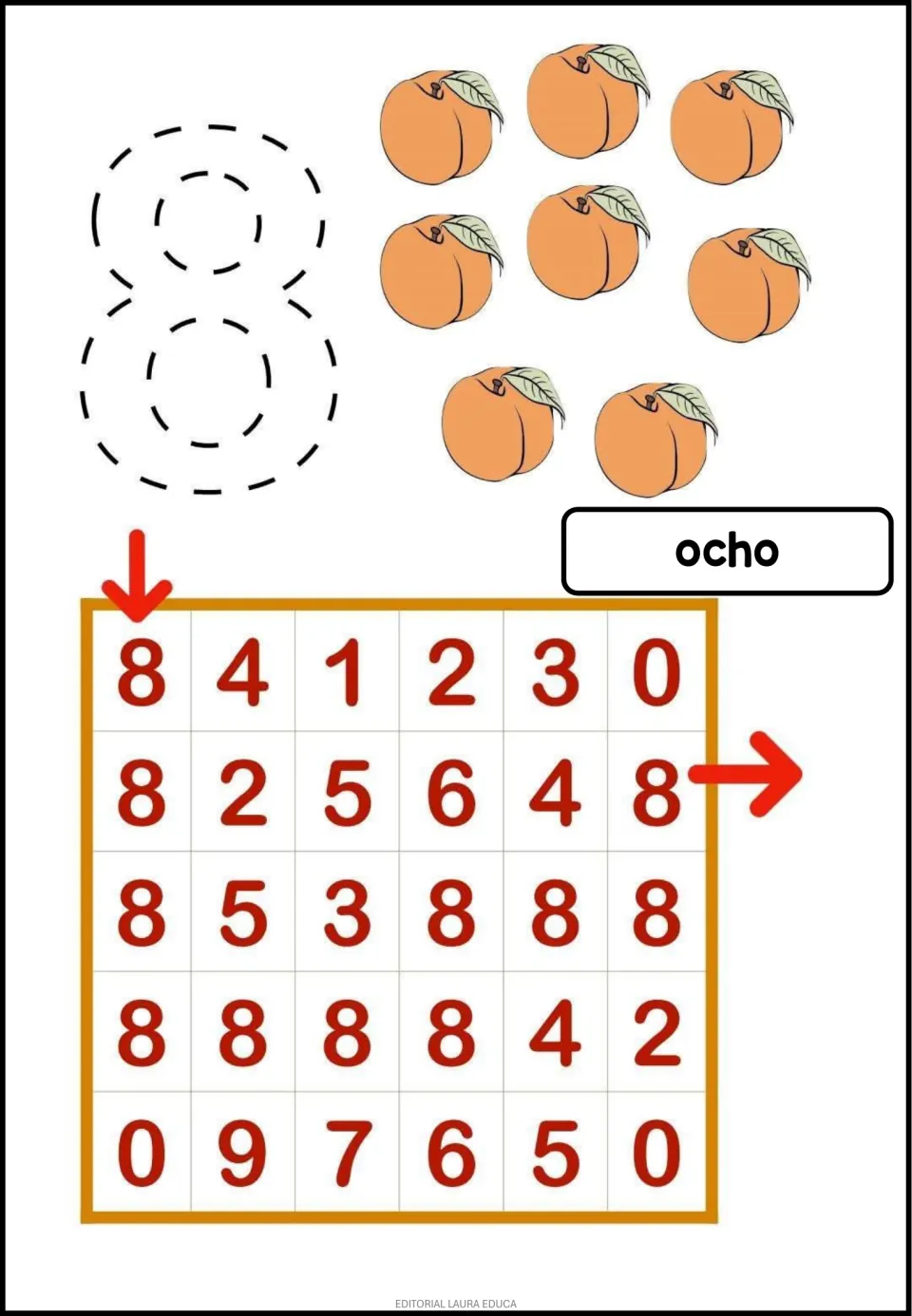 Number 8 activity: trace the numeral, count eight peaches, and follow the 8s through a maze; ocho means eight