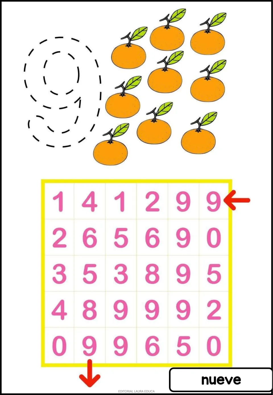 Number 9 activity: trace the numeral, count nine oranges, and follow the 9s through a maze; nueve means nine