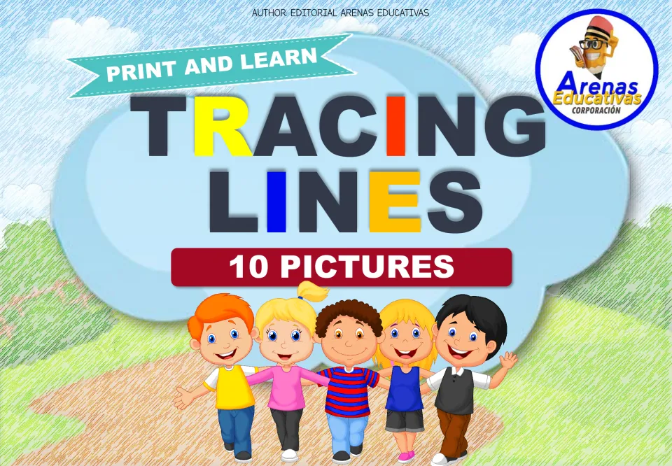 Tracing Lines cover: Print and Learn set of 10 pictures, shown with five smiling cartoon children on a path