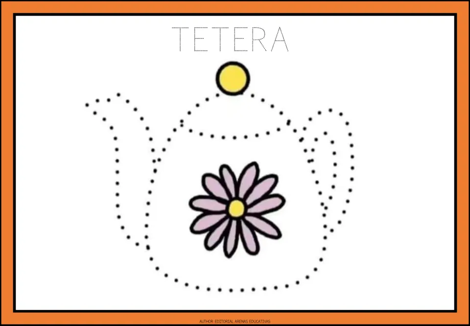TETERA (teapot): students trace the dotted word and the dotted outline of a teapot decorated with a flower