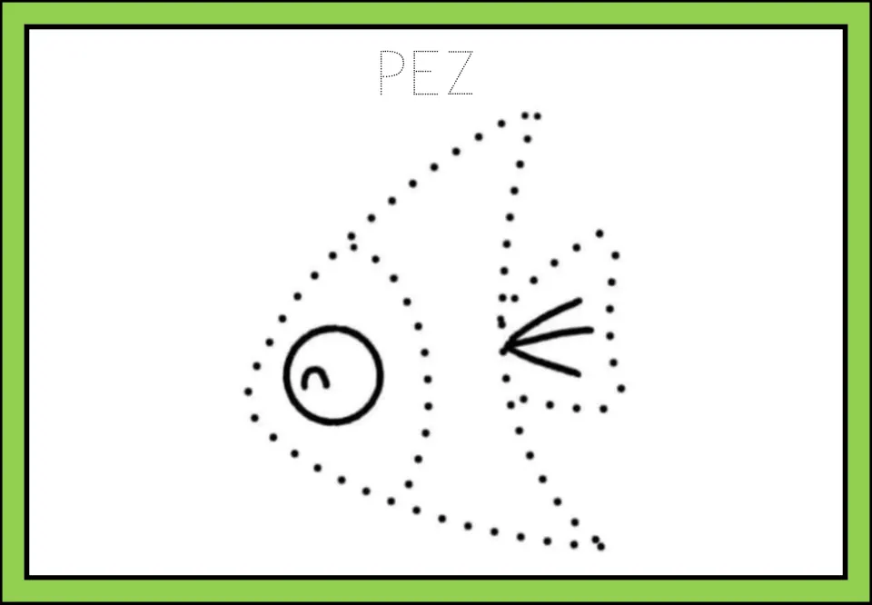 PEZ (fish): students trace the three dotted letters, then the dotted body, tail and fin lines of a fish