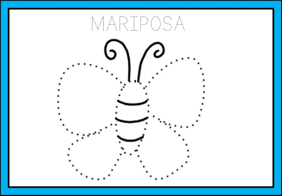 MARIPOSA (butterfly): students trace the dotted eight-letter word and the dotted wings of a butterfly