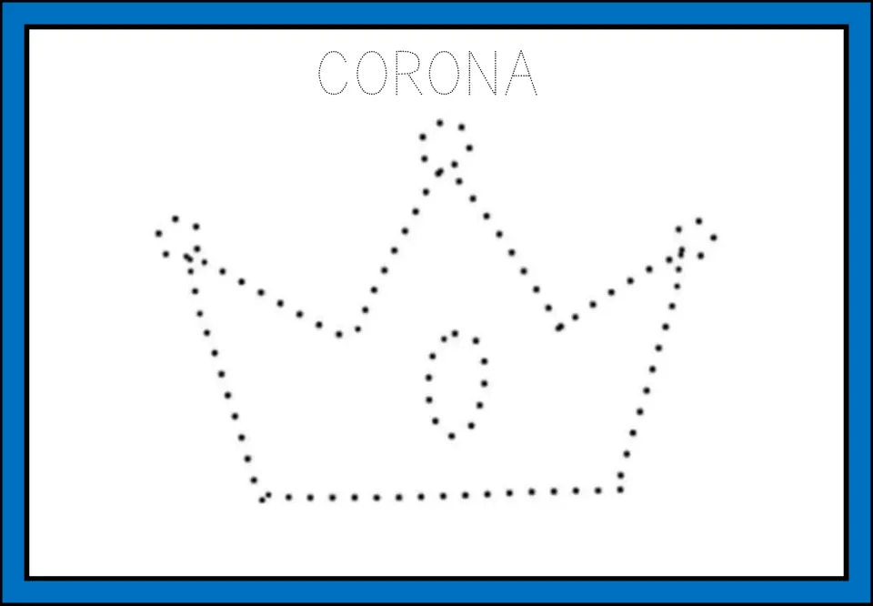 CORONA (crown): students trace the dotted word and the dotted pointed crown with an oval jewel