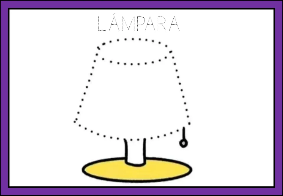 LÁMPARA (lamp): students trace the dotted word, including the accent, and the dotted lampshade of a table lamp