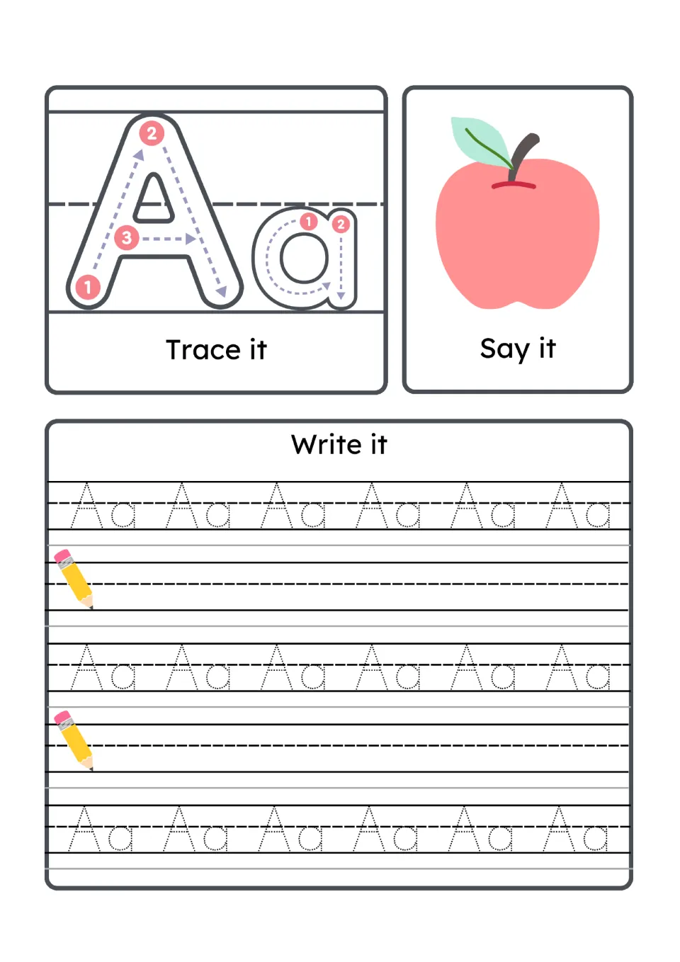 Letter Aa: students trace A and a with numbered stroke arrows, say apple, then write Aa on dotted handwriting lines