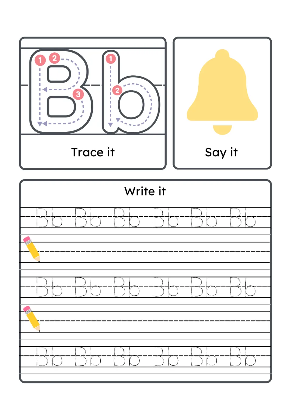 Letter Bb handwriting: trace B and b following stroke order, name the bell picture, then copy dotted Bb in three rows