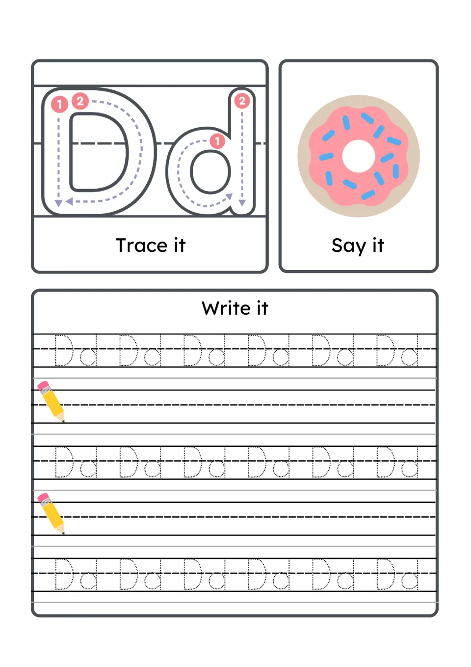 Letter Dd practice: trace D and d by numbered strokes, say donut, then write dotted Dd letters and fill blank lines