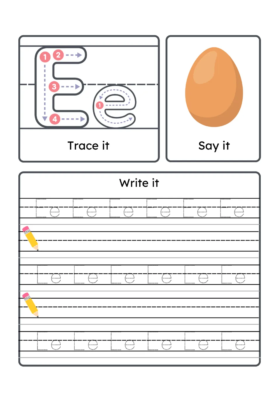 Letter Ee: trace capital E in four strokes and lowercase e, say egg, then practise Ee on dotted and blank writing lines