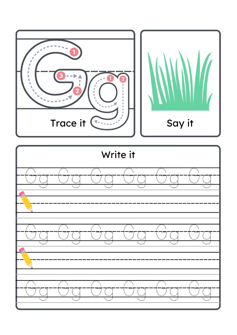 Letter Gg: trace G and g with stroke-order arrows, say grass, then copy Gg on dotted rows and practise independently